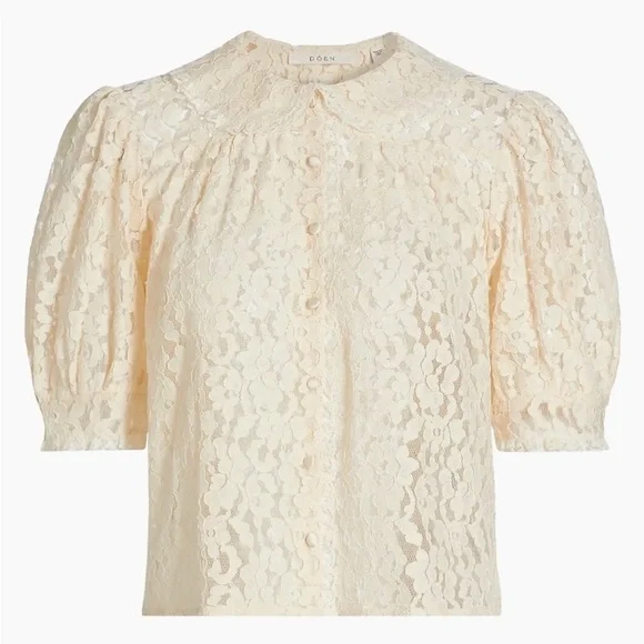 Doen Lenore Lace Collar Button Ruffle Short Sleeve Top Mother of Pearl Cream Tan - Picture 13 of 13